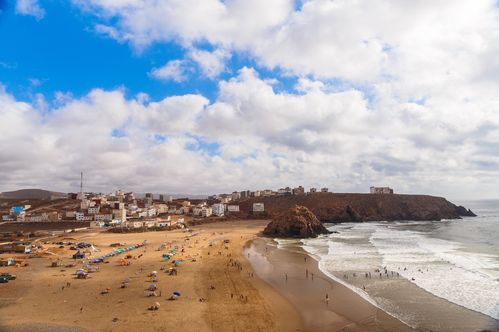 Panoramic view on Atlantic ocean beach in small Morrocan town Iguer Ouzrou, Casablanca Imperial Cities Desert Beach