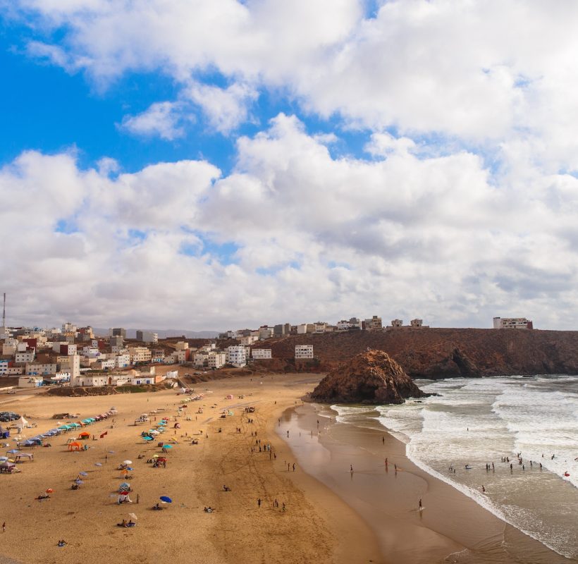 Panoramic view on Atlantic ocean beach in small Morrocan town Iguer Ouzrou, Casablanca Imperial Cities Desert Beach